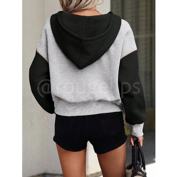 Grey, Black with Gold Zipper and Seams Pullover Hoodie Long Sleeve - Picture 5 of 7